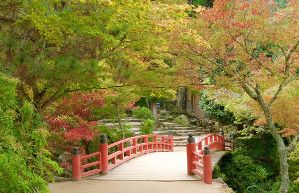 Hiroshima prefecture,Miyajima Island, Japan November, 8, 2011 9:50 Miyajima Island japanese Red Bridge