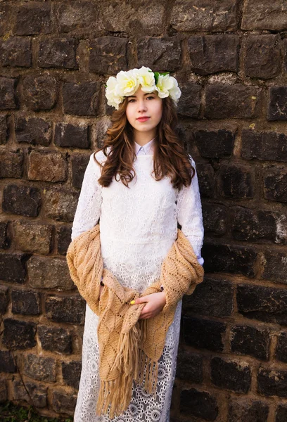 Belle jeune fille avec un ornement floral dans les cheveuxόμορφη νεαρή κοπέλα με μια floral διακόσμηση στα μαλλιά της — Φωτογραφία Αρχείου