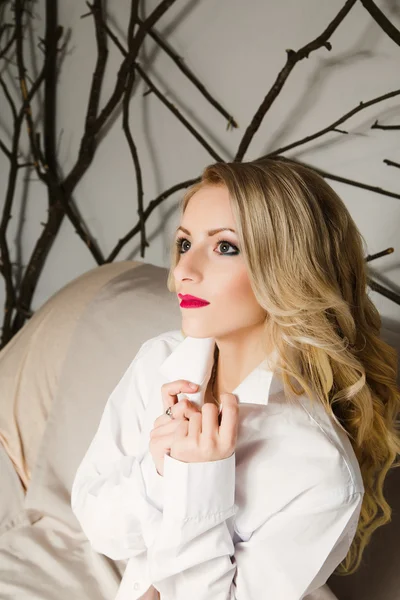 Beautiful girl with beautiful makeup in white shirt — Stock Photo, Image