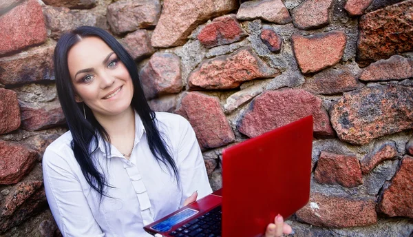 beautiful business woman sitting with laptop over a stone wall