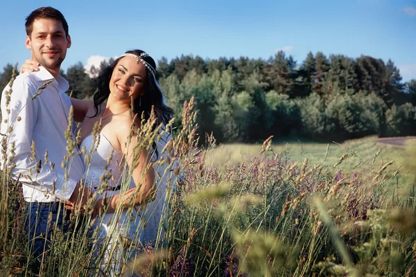 Bruid en bruidegom in een veld — Stockfoto