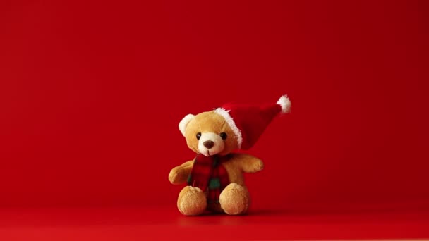 Sebuah mainan lembut boneka beruang di topi dan syal duduk di latar belakang merah. Tangan wanita dengan stetoskop memeriksa kesehatan beruang. Konsep kesehatan anak — Stok Video