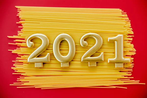 Happy New Year 2021 Symbol Number 2021 Macaroni Red Background — Stock Photo, Image