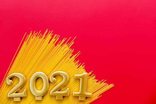 Happy New Year 2021 Symbol Number 2021 Macaroni Red Background — Stock Photo, Image