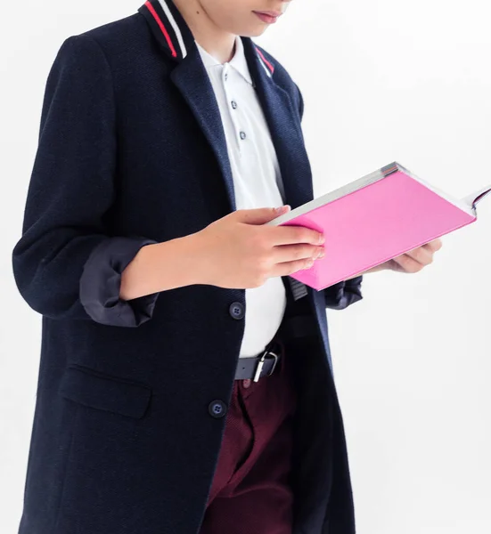 Photo Écolier Debout Sur Fond Blanc Uniforme Scolaire Pantalon Veste — Photo