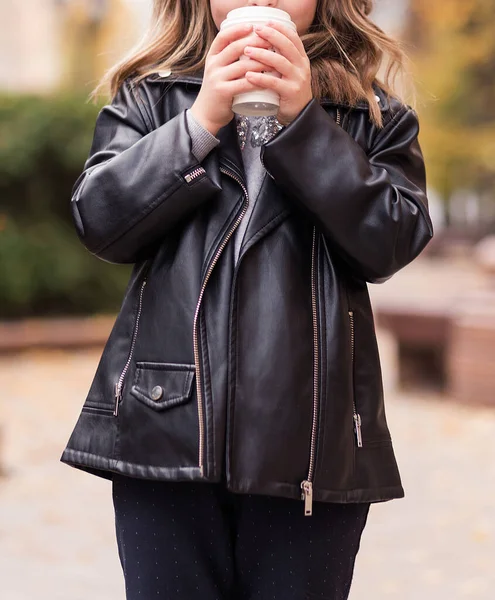 Stylish Girl Black Leather Jacket Black Pants Posing City Street — Stock Photo, Image