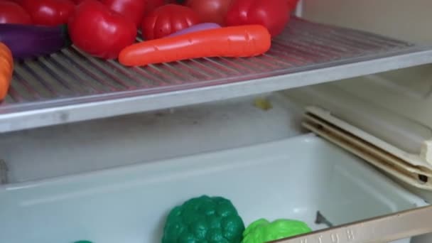 Toy Plastic Vegetables Fruits Shelf Old Refrigerator Concept Children Educational — Stock Video