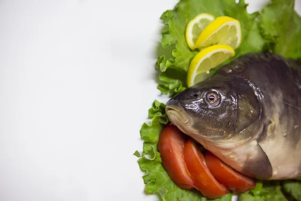 Świeże ryby, Karaś z cytryną i pomidorami — Zdjęcie stockowe