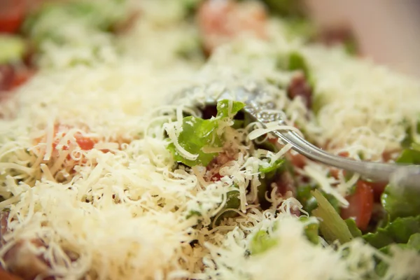 Salad with vagatables and meat and greated parmesan — Stock Photo, Image