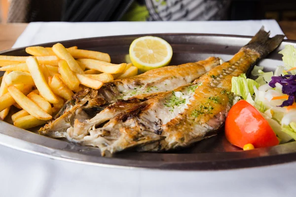 Kızarmış balık patates ve salata ile — Stok fotoğraf