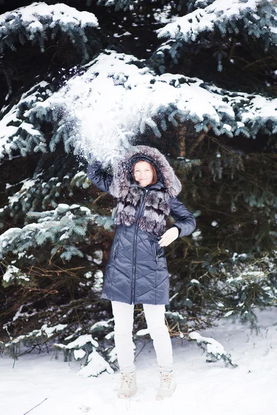 Junge Frau im Winterwald hat Spaß mit Schnee — Stockfoto