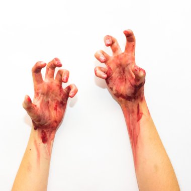 Kadın kanlı Halloween Tema için beyaz bir arka plan üzerinde eller.