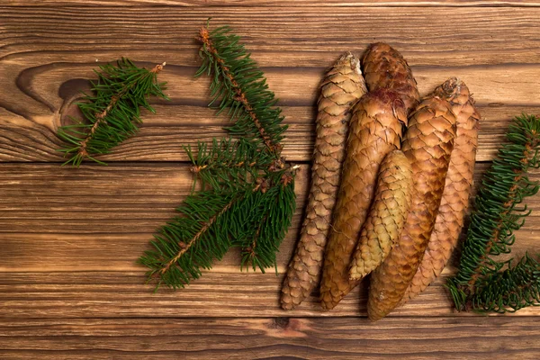 Köknar dalları ve konileri olan Noel arkaplanı