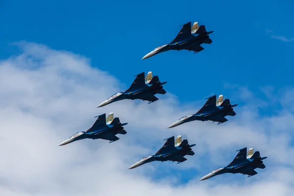 ZHUKOVSKY, MOSCOW REGION, RUSSIA - AUGUST 29, 2015: Aerobatic Team Russian Knights at WorldWide AirShow MAKS-2015 in Zhukovsky, Moscow region, Russia.