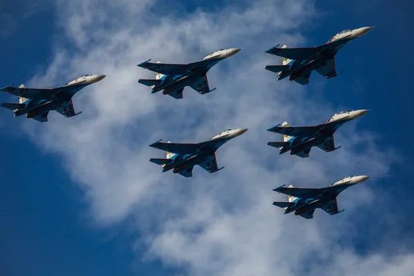 ZHUKOVSKY, MOSCOW REGION, RUSSIA - AUGUST 29, 2015: Aerobatic Team Russian Knights at WorldWide AirShow MAKS-2015 in Zhukovsky, Moscow region, Russia.