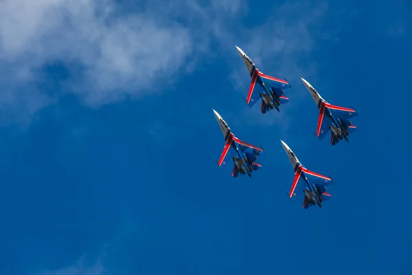 ZHUKOVSKY, MOSCOW REGION, RUSSIA - AUGUST 29, 2015: Aerobatic Team Russian Knights at WorldWide AirShow MAKS-2015 in Zhukovsky, Moscow region, Russia.