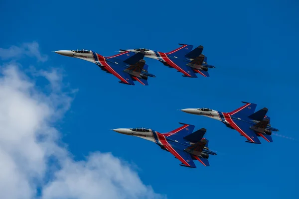 ZHUKOVSKY, MOSCOW REGION, RUSSIA - AUGUST 29, 2015: Aerobatic Team Russian Knights at WorldWide AirShow MAKS-2015 in Zhukovsky, Moscow region, Russia.