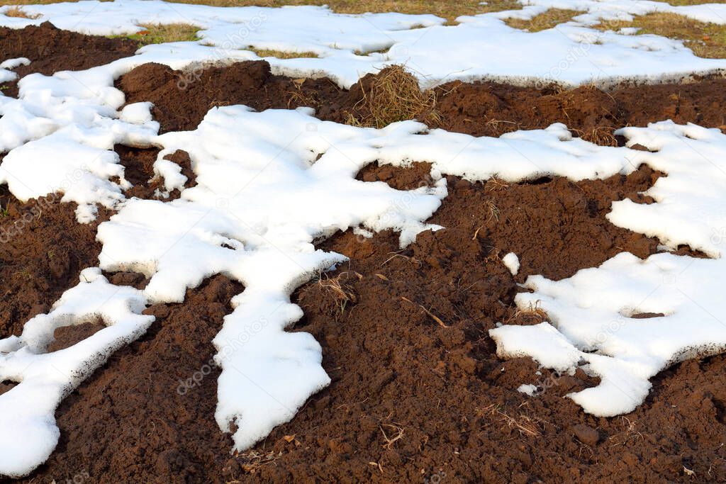 Surface from white snow and brown plowed ground. ?lose-up