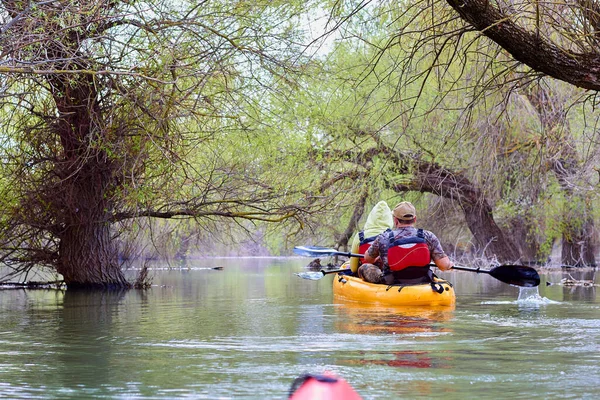 Pareja Casada Remando Kayak Amarillo Áreas Silvestres Río Danubio Entre — Foto de Stock