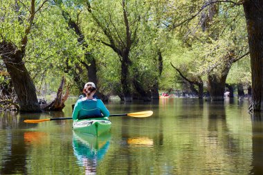 Sel basmış ağaçların arasında yeşil kanolu bir kız. Tuna Nehri 'nin ıssız bölgelerinde, Tuna Biyosferi' nin yüksek sularındaki sel basmış ağaçların arasında kayak yapmak..
