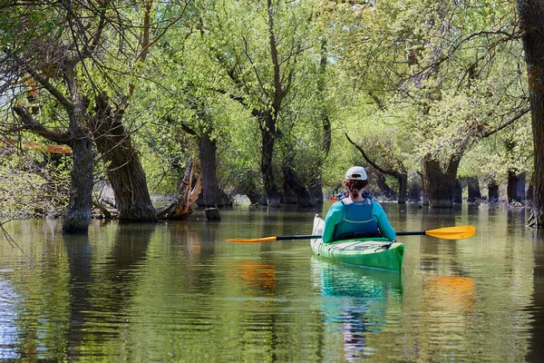 Girl Green Kayak Flooded Trees Kayaking Wilderness Areas Danube River — Stock Photo, Image