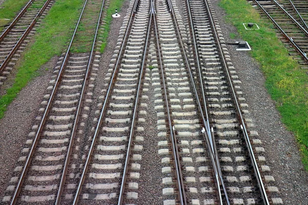 Railway Top View Rails Leading Parallel Steel Rails Regular Crossbars — Stock Photo, Image