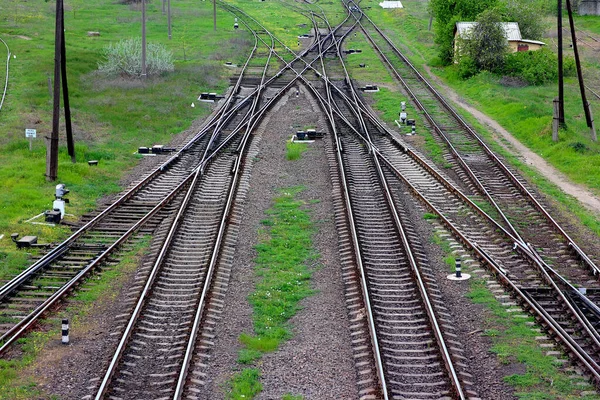 Järnväg Den Översta Vyn Rälsen Ledande Parallella Stålskenor Med Regelbundna — Stockfoto