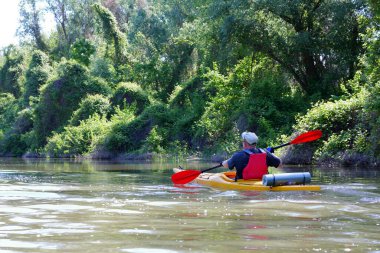İnsan, Tuna nehrinde, yabani üzümlerin yakınındaki sarı bir kanoya biner. Yaz kayağı