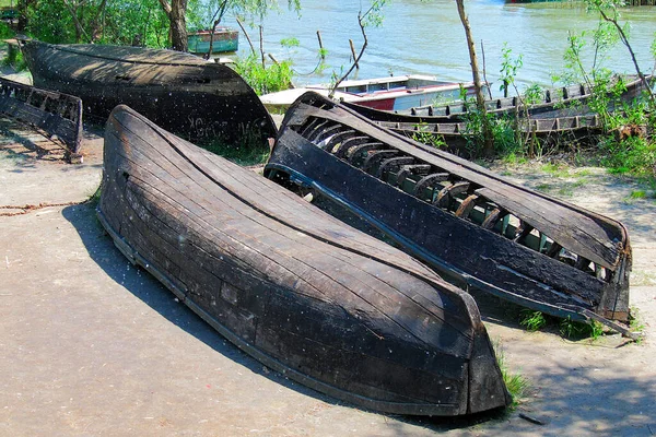 Ukrayna 'nın Vilkovo kentindeki Tuna Nehri kıyısında tahtadan yapılmış ters dönmüş yaşlı balıkçı tekneleri