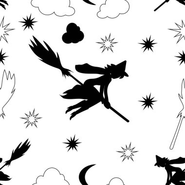 Süpürgedeki cadı, bulutlar, yıldızlar, beyaz arka plandaki ay Sevimli.