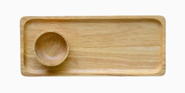 Пустая деревянная квадратная тарелка и чаша изолированы на белом фоне — стоковое фото