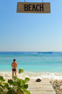 çöl plaj turkuaz denize bakan kadın