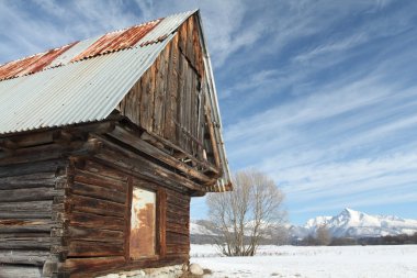 Mavi gökyüzü ve kar ile ahşap yazlık
