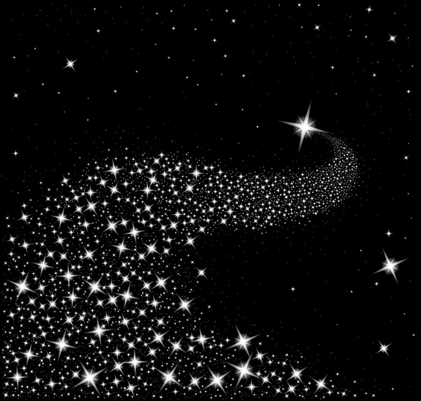 Étoile tombante, étoile filante avec piste étoilée scintillante sur fond noir — Image vectorielle
