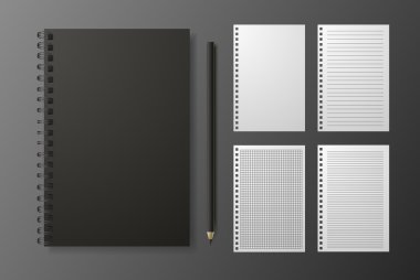 Gerçekçi siyah defter ile kalem ve şablon boş