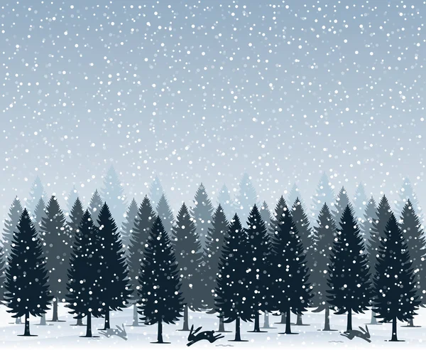 Fundo horizontal sem costura, árvores de férias contra o céu azul com neve e coelhos, vetor — Vetor de Stock