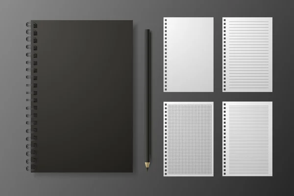 Gerçekçi siyah defter ile kalem ve şablon boş