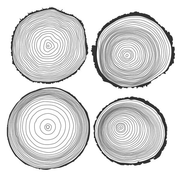 Ensemble de quatre anneaux d'arbre fond et scie tronc d'arbre coupé, vecteur — Image vectorielle