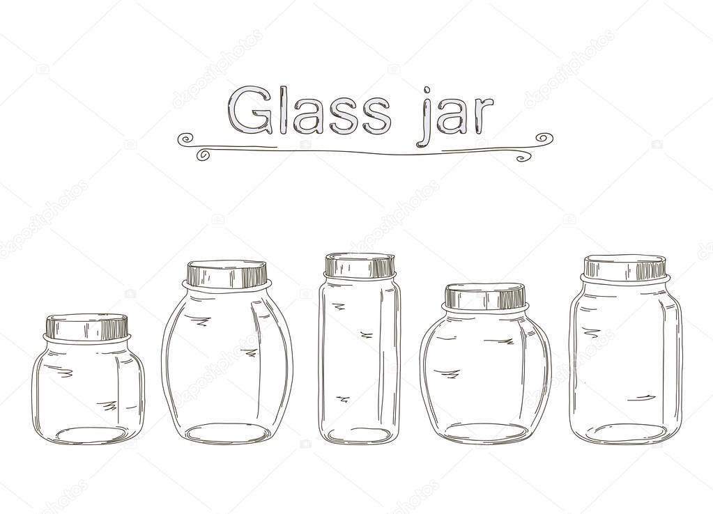 Set of hand drawn white glass jars, vector