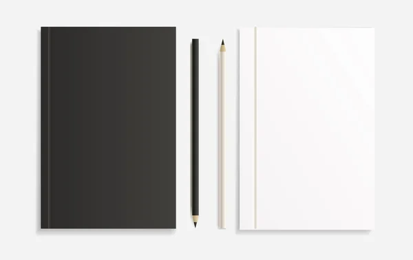 Carnet noir réaliste avec crayon et gabarits blancs, vecteur — Image vectorielle