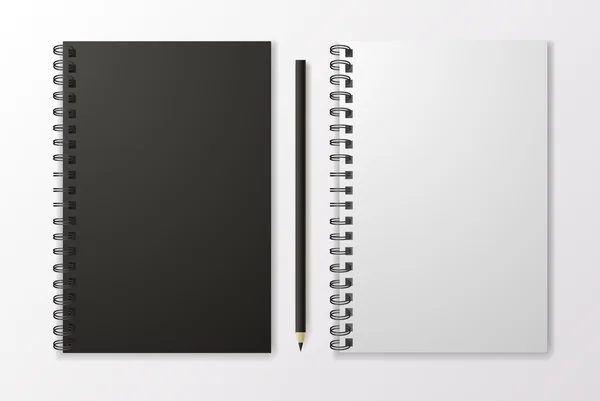 现实的黑色笔记本，铅笔和模板空白，矢量 — 图库矢量图片