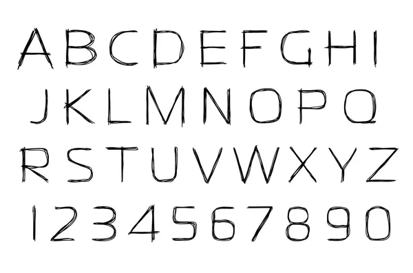 Alfabeto dibujado a mano y diseño de números, estilo rayado, vector — Archivo Imágenes Vectoriales