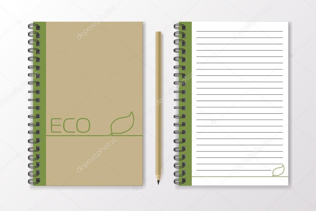 Realistic black notebook with pencil and template blanks, vector