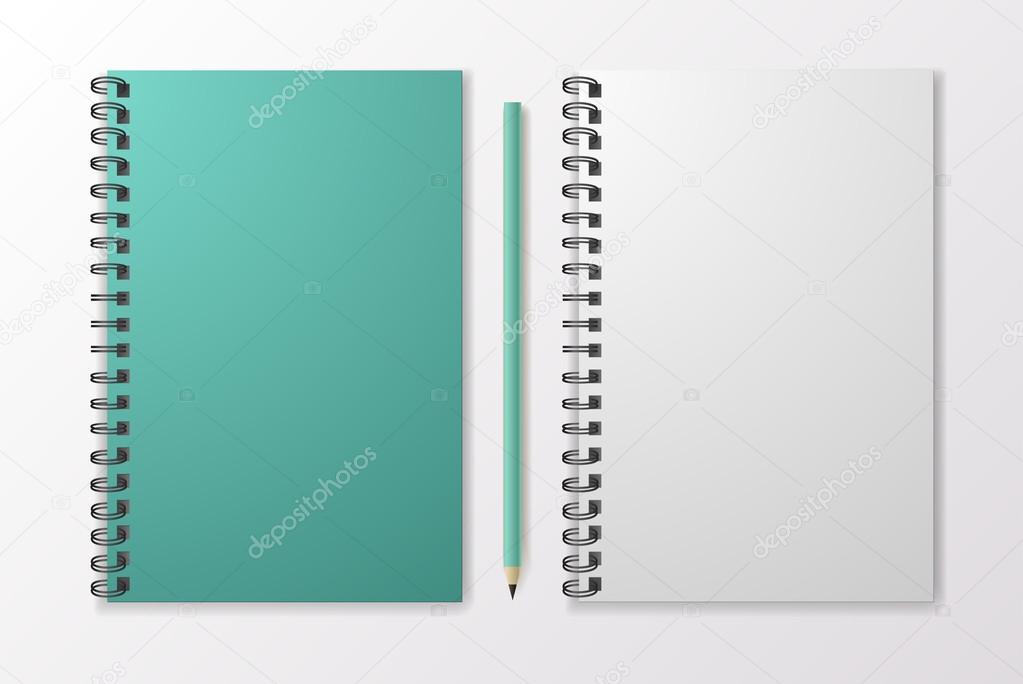 Realistic black notebook with pencil and template blanks, vector