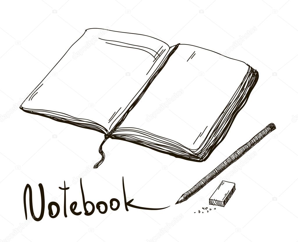 Sketch of notebook with pencil and eraser, vector