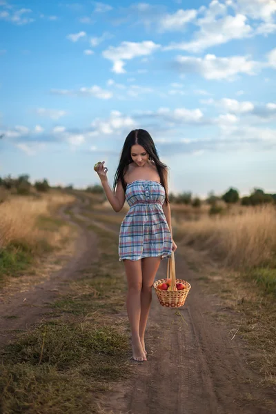 Деревенская девушка с корзиной яблок — стоковое фото