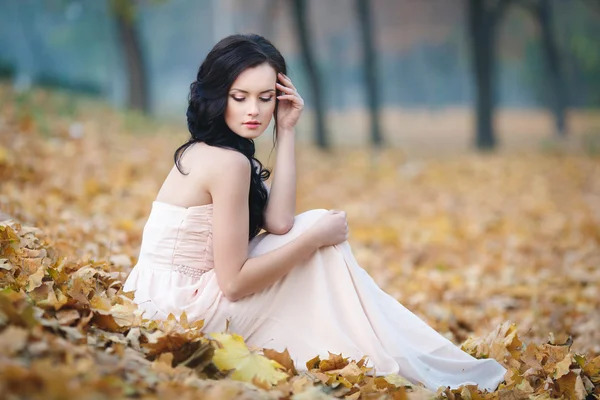 Retrato de otoño de una hermosa chica en vestido rosa — Foto de Stock