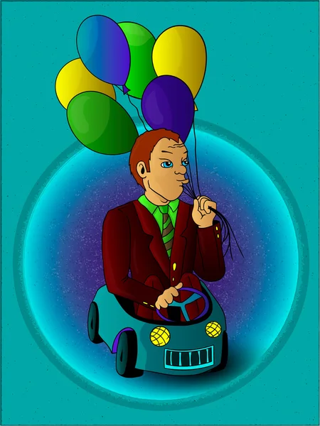 Homme avec des ballons dans le vecteur de voiture jouet couleur — Image vectorielle