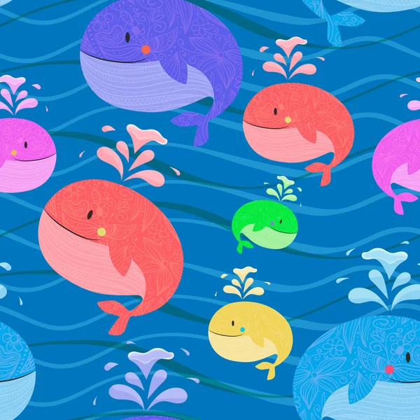 Симпатичный фон с мультяшными цветными китами . — стоковый вектор
