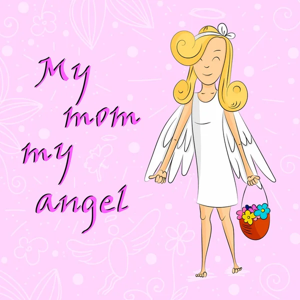 Девочка-ангел с корзиной цветов, мой мамин ангел — стоковый вектор